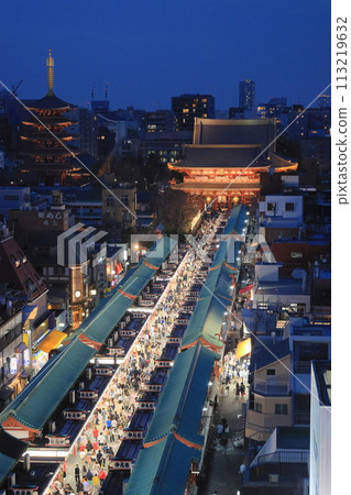 Nakamise Street that extends to the main hall of Sensoji Temple Night view of Nakamise Street of Sensoji Temple 113219632
