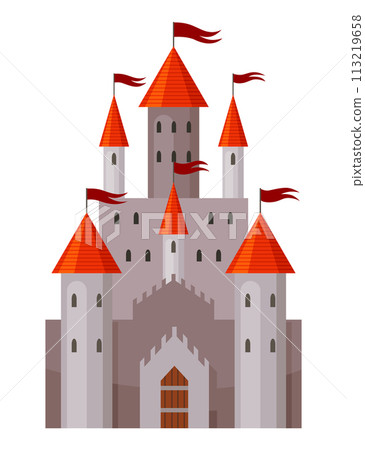 Fairy tale castle. Medieval royal mansion architecture. Beautiful fairy-tale tower for princess, historic fortified building. Knight castle, imagination concept. Isolated cartoon vector illustration Fairy tale castle. Medieval royal mansion architecture. Beautiful fairy-tale tower for princess, historic fortified building. Knight castle, imagination concept. Isolated cartoon vector illustration 113219658