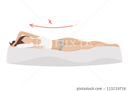 Incorrect sleeping body posture. Not healthy sleeping position spine in various mattresses and pillow. Caring for health of back, neck. Vector illustration Incorrect sleeping body posture. Not healthy sleeping position spine in various mattresses and pillow. Caring for health of back, neck. Vector illustration 113219716