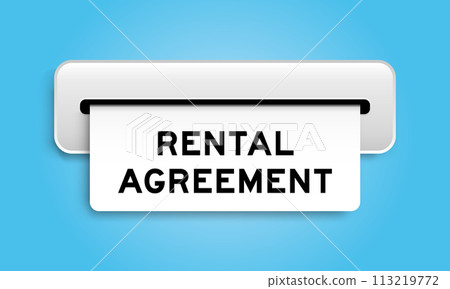 White coupon banner with word rental agreement from machine on blue color background 113219772