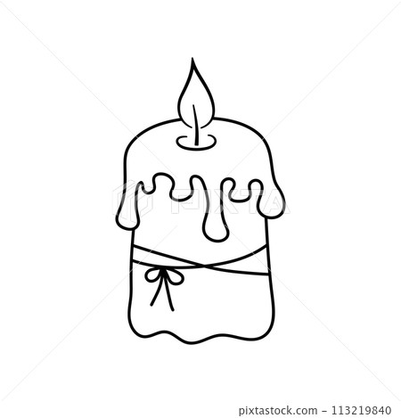 Cute burning candle with wax and bow. Hand drawn doodle vector illustration 113219840