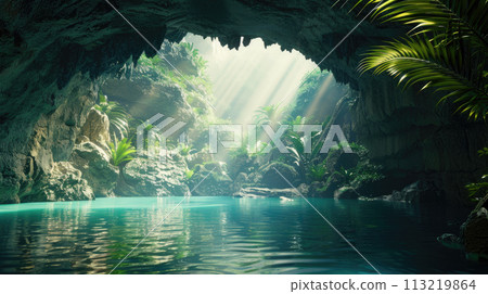 Tropical cave with pool of water. Summer exotic landscape Tropical cave with pool of water. Summer exotic landscape 113219864