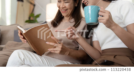 Adult daughter spending time with her senior mother at home 113220438