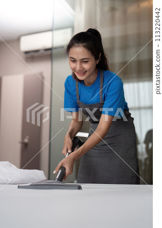 Cleaning service employee removing dirt from with professional equipment. Female housekeeper cleaning the mattress on the bed with vacuum cleaner 113220442
