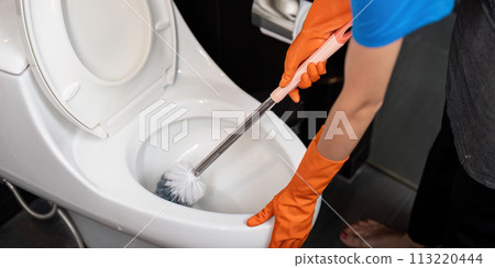 Professional cleaning service company employee in rubber gloves cleaning a toilet bowl in bathroom 113220444