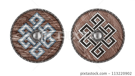 Old decorated wooden round shield isolated on white background 113220902