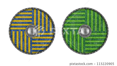 Old decorated color round shield isolated on white background 113220905