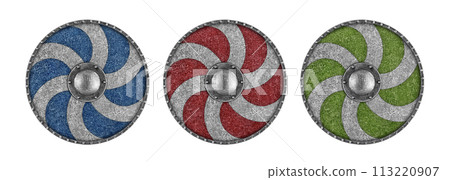 Old decorated metal round shield isolated on white background 113220907