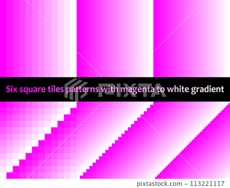 Magenta to white gradient in square tiles, seamless vector pattern, monochromatic, collection of six 113221117