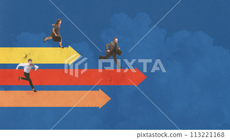 Contemporary art collage. Three businessmen in smart casual attire running with different speed following arrow way. Contemporary art collage. Three businessmen in smart casual attire running with different speed following arrow way. 113221168