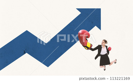 Contemporary art collage. Business woman in business clothes and boxing gloves hits arrow and points it upward. Everything in your power 113221169