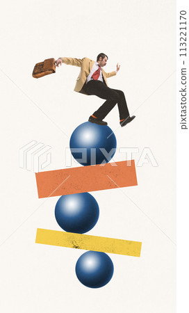Contemporary art collage. Young man in retro suit and balancing on stack of balls and lines. Life work balance. Contemporary art collage. Young man in retro suit and balancing on stack of balls and lines. Life work balance. 113221170