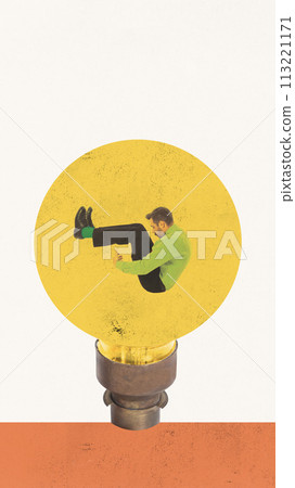 Contemporary art collage. Young man dressed smart casual attire sitting in light bulb hatching new project idea. Contemporary art collage. Young man dressed smart casual attire sitting in light bulb hatching new project idea. 113221171