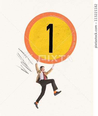 Contemporary art collage. Young man in retro outfit running with huge circle with number one symbolizing achieve goals and success. Contemporary art collage. Young man in retro outfit running with huge circle with number one symbolizing achieve goals and success. 113221182