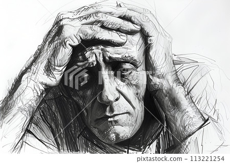 Depressed man holding his forehead Depressed man holding his forehead 113221254