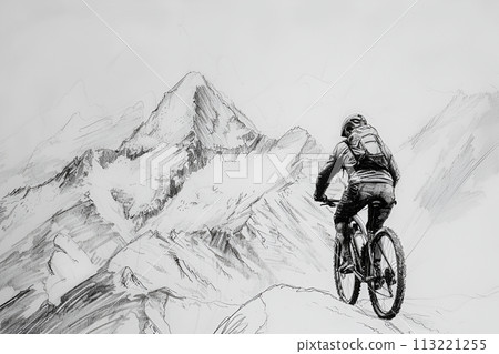 Cyclist riding the bike in the beautiful mountains down the rock. Extreme sport and biking concept Cyclist riding the bike in the beautiful mountains down the rock. Extreme sport and biking concept 113221255