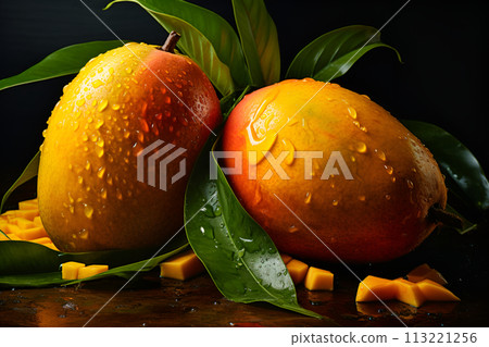 Mango. Close up of fresh ripe mango fruit with leaves over dark background Mango. Close up of fresh ripe mango fruit with leaves over dark background 113221256