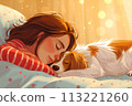 Happy person sleeping with dog in bed. Pet owner and cute doggy asleep at night. Love your pet concept 113221260