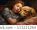 Girl is sleeping with her dog in bed under a blanket. Love your pet concept 113221264