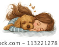 A cute girl with long brown hair sleeping on her back, cuddling an adorable golden doodle puppy 113221278