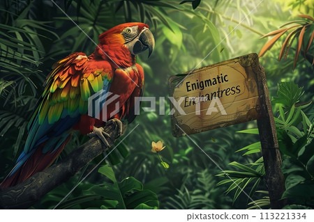 colorful ara-ara perched on a branch in a dense jungle, holding a big sign reading "Enigmatic Enchantress" colorful ara-ara perched on a branch in a dense jungle, holding a big sign reading "Enigmatic Enchantress" 113221334