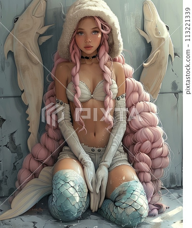 Manga Anime cartoon fish tail mermaid sitting on the floor, wearing a furry suit 113221339