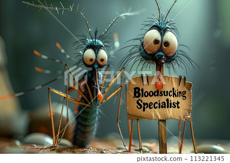 cartoon stealthy mosquito hovering near a patch of exposed skin, sign reading "Bloodsucking Specialist" as it prepares to unleash its proboscis with mosquito-like precision and insectile determination 113221345