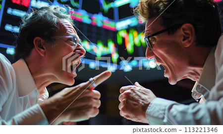 Two businessmen stand facing each other, their expressions tense and aggressive. Financial Stock board behind them. The concept of the competitive of financial markets. Generative AI. 113221346