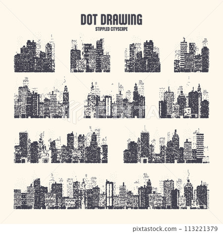 Stippled city silhouettes. Cityscape, town skyline. Midtown, downtown with buildings, houses and skyscrapers. Stippling, dot drawing and shading, stipple pattern, halftone effect. Vector illustration 113221379