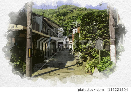 水彩畫風格三保關藍色鵝卵石街道島根縣松江市 113221394