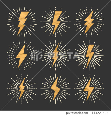 Vintage lightning bolt and sunrays. Lightnings with crumpled paper texture and sunburst effect. Thunderbolt, electric shock sign. Vector illustration Vintage lightning bolt and sunrays. Lightnings with crumpled paper texture and sunburst effect. Thunderbolt, electric shock sign. Vector illustration 113221398