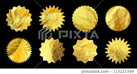 Golden stars, sunburst symbols. Shiny gold foil. Vintage sunbeam symbols. Shopping labels, sale or discount sticker, quality mark. Special offer price tag, promotional badge. Vector illustration Golden stars, sunburst symbols. Shiny gold foil. Vintage sunbeam symbols. Shopping labels, sale or discount sticker, quality mark. Special offer price tag, promotional badge. Vector illustration 113221399