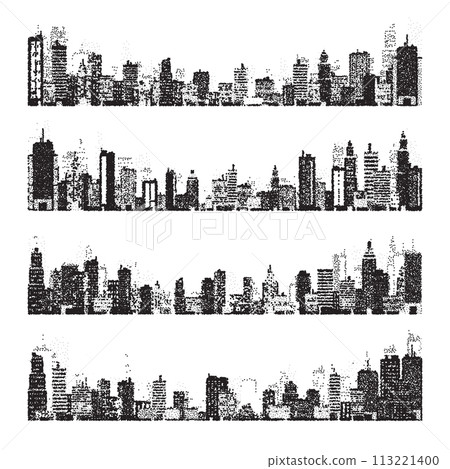 Stippled city silhouettes. Cityscape, town skyline. Midtown, downtown with buildings, houses and skyscrapers. Stippling, dot drawing and shading, stipple pattern, halftone effect. Vector illustration Stippled city silhouettes. Cityscape, town skyline. Midtown, downtown with buildings, houses and skyscrapers. Stippling, dot drawing and shading, stipple pattern, halftone effect. Vector illustration 113221400
