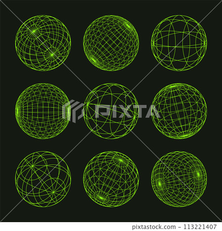 Wireframe shapes, lined sphere. Perspective mesh, 3d grid. Low poly geometric elements. Retro futuristic design elements, y2k, vaporwave and synthwave style. Vector illustration Wireframe shapes, lined sphere. Perspective mesh, 3d grid. Low poly geometric elements. Retro futuristic design elements, y2k, vaporwave and synthwave style. Vector illustration 113221407