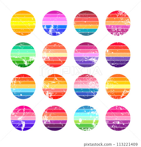 Grunge vintage sunset collection. Colorful striped sunrise badges in 80s and 90s style. Sun and ocean view, summer vibes, surfing. Design element for print, logo or t-shirt. Vector illustration 113221409