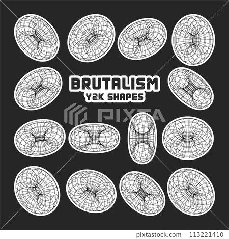 Wireframe shapes, lined torus. Perspective mesh, 3d grid. Modern trendy low poly geometric elements. Retro futuristic design elements, y2k, vaporwave and synthwave style. Vector illustration Wireframe shapes, lined torus. Perspective mesh, 3d grid. Modern trendy low poly geometric elements. Retro futuristic design elements, y2k, vaporwave and synthwave style. Vector illustration 113221410