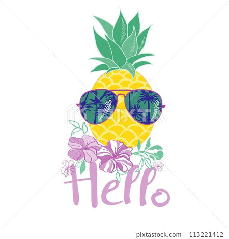 pineapple with glasses design, exotic, background, food, fruit, illustration nature pineapple summer tropical vector drawing fresh 113221412