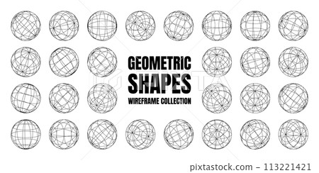 Wireframe shapes, lined sphere. Perspective mesh, 3d grid. Low poly geometric elements. Retro futuristic design elements, y2k, vaporwave and synthwave style. Vector illustration 113221421