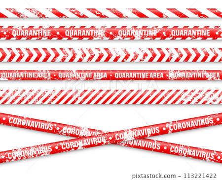 Old grunge quarantine zone warning tape. Novel coronavirus outbreak. Global lockdown. Red coronavirus danger stripe. Police caution line, restricted area. Construction tape. Vector illustration Old grunge quarantine zone warning tape. Novel coronavirus outbreak. Global lockdown. Red coronavirus danger stripe. Police caution line, restricted area. Construction tape. Vector illustration 113221422