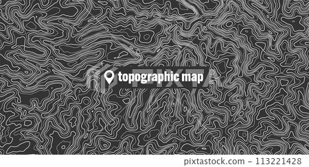 Topographic map with contour lines. Geographic terrain grid, relief height elevation. Ground path pattern. Travel and navigation, cartography design element. Vector illustration 113221428