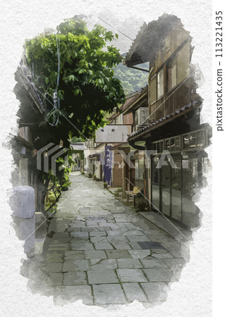 Watercolor style: Mihonoseki Blue stone pavement street, Matsue city, Shimane prefecture Watercolor style: Mihonoseki Blue stone pavement street, Matsue city, Shimane prefecture 113221435