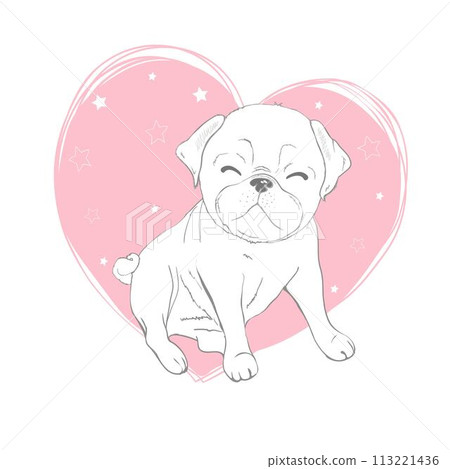 Pug dog cartoon illustration. Cute friendly fat chubby fawn sitting pug puppy, smiling with tongue out. Pets, dog lovers, animal themed design element isolated on white. Pug dog cartoon illustration. Cute friendly fat chubby fawn sitting pug puppy, smiling with tongue out. Pets, dog lovers, animal themed design element isolated on white. 113221436