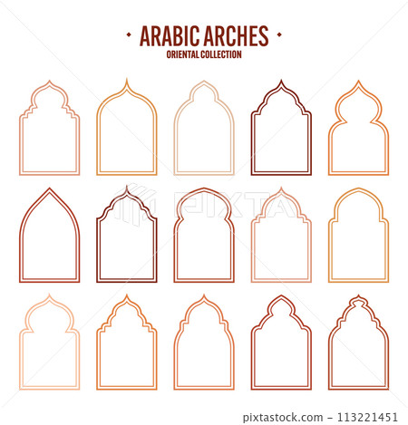 Islamic frames, oriental style objects. Arabic shapes, windows and arches. Traditional ornamental banner, frame. Muslim holidays, Ramadan Kareem. Modern eastern architecture. Vector illustration Islamic frames, oriental style objects. Arabic shapes, windows and arches. Traditional ornamental banner, frame. Muslim holidays, Ramadan Kareem. Modern eastern architecture. Vector illustration 113221451