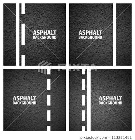 Asphalt road with white lane marking, concrete highway surface, texture. Street traffic line, road dividing strip. Pattern with grainy structure, grunge stone background. Vector illustration Asphalt road with white lane marking, concrete highway surface, texture. Street traffic line, road dividing strip. Pattern with grainy structure, grunge stone background. Vector illustration 113221491