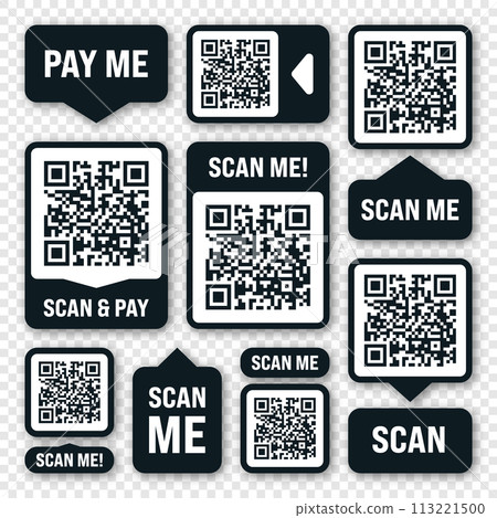 Scan me QR code sticker. Online payment. Special offer sale stickers, shopping discount label or promotional badge. Serial number, product ID. Supermarket retail label, price tag. Vector illustration Scan me QR code sticker. Online payment. Special offer sale stickers, shopping discount label or promotional badge. Serial number, product ID. Supermarket retail label, price tag. Vector illustration 113221500