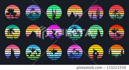 Grunge vintage sunset collection. Colorful striped sunrise badges in 80s and 90s style. Sun and ocean view, summer vibes, surfing. Design element for print, logo or t-shirt. Vector illustration 113221530