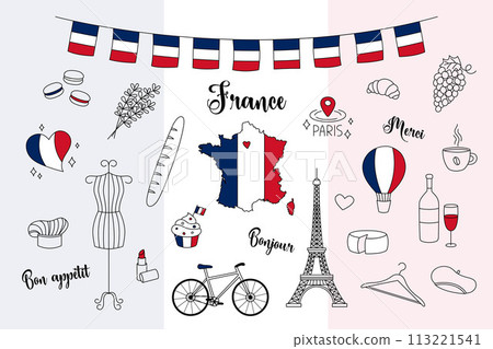 France doodles set vector. Illustration of cute hand drawn outline French symbols Eiffel Tower, lavender, country map, flag and others. National lankmarks clip art collection France doodles set vector. Illustration of cute hand drawn outline French symbols Eiffel Tower, lavender, country map, flag and others. National lankmarks clip art collection 113221541