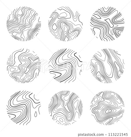 Topographic map with contour lines. Geographic terrain grid, relief height elevation. Ground path pattern. Travel and navigation, cartography design element. Vector illustration 113221545