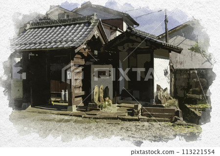 水彩畫風格三保關藍色鵝卵石街道佛德寺島根縣松江市 113221554