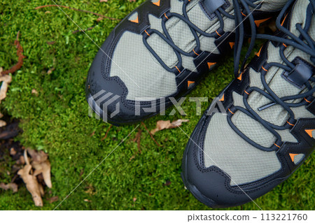 Sturdy hiking boots on vibrant green moss, top view. Trekking shoes in nature. Concept of exploration and outdoor activities 113221760